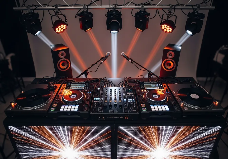 DJ booth and sound system set up for a wedding