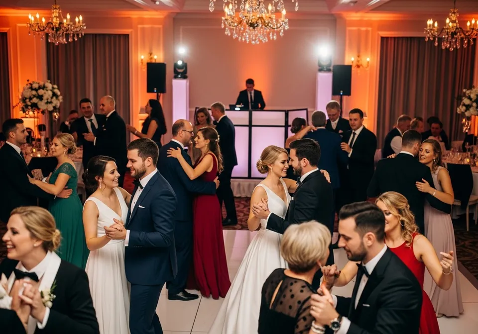 Wedding reception dance floor with warm uplighting